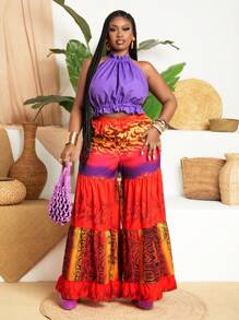 Slaydiva Snake & Leopard Print Off Shoulder Colorblock Vest And Pants Set