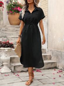 Breezaya Women's Solid Color Drawstring Waist Dress Maxi Vacation Beach Outfit - Black - View 4