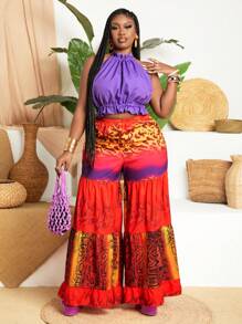 Slaydiva Snake & Leopard Print Off Shoulder Colorblock Vest And Pants Set