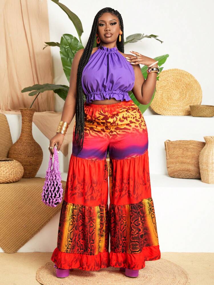 Snake & Leopard Print Off Shoulder Colorblock Vest And Pants Set