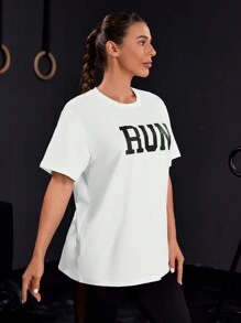 Powerista Letter Print Drop Shoulder Sports T-Shirt Gym Women Shirts