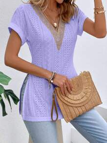 SHEIN LUNE Của phụ nữ Đúng mốt Cổ chữ V Ngắn tay Áo thun - Màu tím - Xem 5