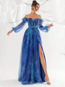 Elisanya Dreamy Elegant Off-Shoulder Gradient Blue Tulle A-Line Long Gown With Puff Sleeves And High Slit, Elegant Party, Prom Dresses For Women, Formal Evening Gown Long Sleeve Wedding Guest Dress, For Graduation, Dinner - Blue - View 5