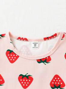 Camiseta E Shorts De Manga Curta Rosa Fofo Com Estampa De Morango Para Meninas, Roupa Confortável Para Casa
