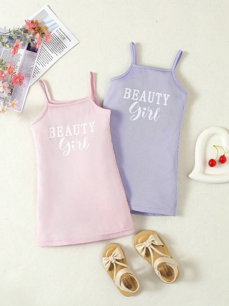 Baby Girl Comfortable And Casual Letter Print Basic Spaghetti Strap Dress