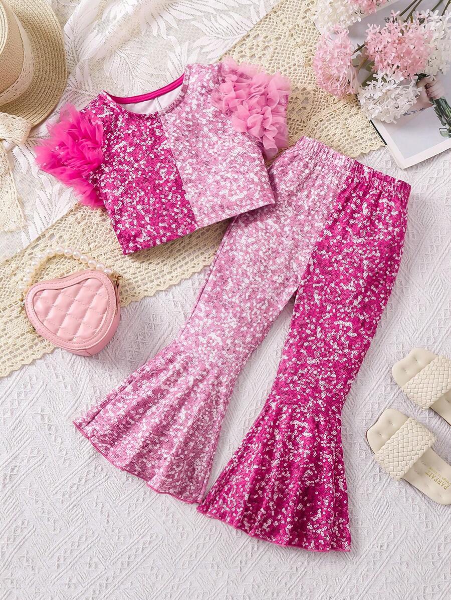 SHEIN Young Girls' Faux Pearl & Mesh Fashionable Sweet & Cool 2pcs/Set Outfit For Summer - Pink - View 1