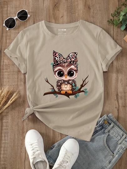 INAWLY Women's Cartoon Owl Print T-Shirt Graphic Tees Women Tops