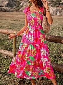 Breezaya Women's Plant Print Shirred Dress With Flounce Hemline - Multicolor - View 4