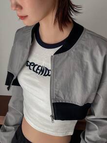 FRIFUL Của phụ nữ Quần skinny Cổ Đứng Áo khoác - Xám - Xem 6