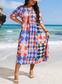 Calvaya Plus Size Women's Short Sleeve Geometric Print Dress - Multicolor - View 5