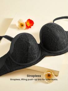 LUVLETTE Lencería sexy de talla grande, sostén de encaje sin tirantes push-up - Negro - Ver 4