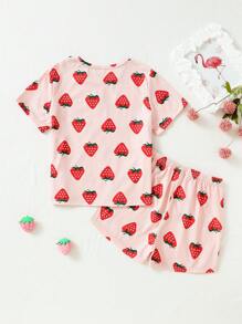 Camiseta E Shorts De Manga Curta Rosa Fofo Com Estampa De Morango Para Meninas, Roupa Confortável Para Casa