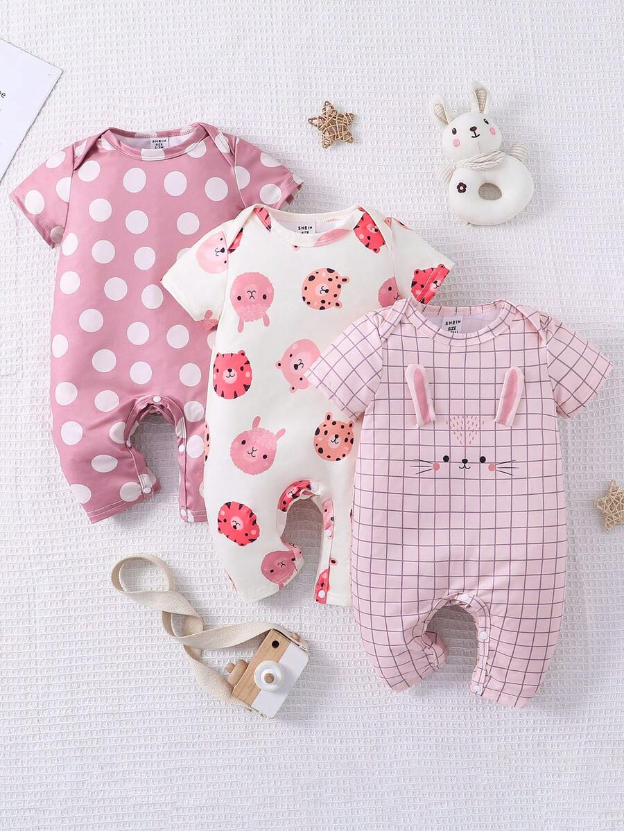 3pcs/Set Baby Girl Comfortable Jumpsuits, With Cartoon Rabbit & Sheep & Leopard & Polka Dot & Checkered Print, For Home Wear - Multicolor - View 1