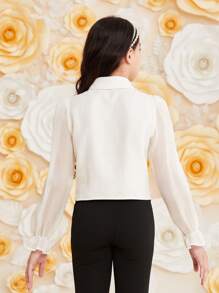 SHEIN Tween Girls' Cute European Organza Shirt With Sheer Sleeves, Faux Pearl Button Up Blouse