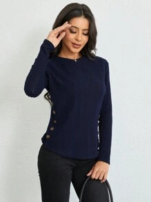 SHEIN LUNE Button Detail Ribbed Knit Tee Fall Cloth For Women