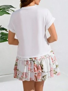 SHEIN Clasi Quý cô Lá thư & Hoa In Áo thun Và Nhiều lớp Váy 2 cái/bộ - Hồng - Xem 2