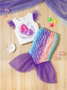 SHEIN Young Girl's Fun & Cute Mermaid Mesh Top With Ruffle Edge Detail And Fish Tail Skirt Set For Summer - Multicolor - View 1