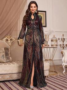 Women's Long Sleeve Modest Dress With Small Notched Neck, Sequin Decoration And Arabian Robe Style (Non-Positioning Cut Flowers) - Black - View 2