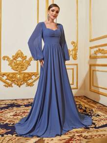 拉鍊純色伴娘禮服(成人) - 藏蓝色 - 查看 4