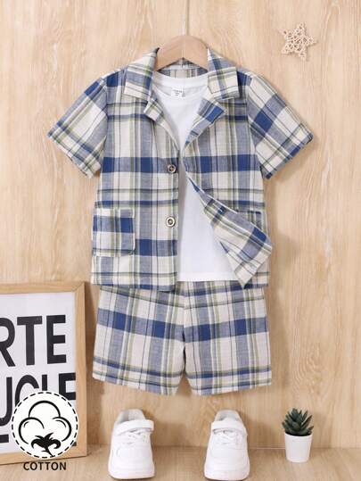 SHEIN 少年男孩彩格紋休閒街頭風短袖襯衫和短褲2件套裝,夏季適用