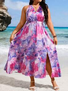 SHEIN Holidaya Plus Size Full Print V-Neck High Slit Dress - Multicolor - View 4