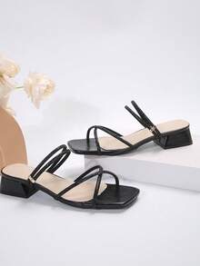 Square Toe Thick Heel Rhinestone Sandals For Women, Beige Fairy-Style High Heels Suitable For Dates, Banquets, Commuting, Parties, Summer & Autumn - Black - View 5