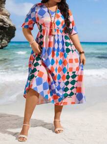 Calvaya Plus Size Women's Short Sleeve Geometric Print Dress - Multicolor - View 1