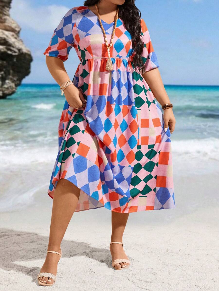 Calvaya Plus Size Women's Short Sleeve Geometric Print Dress - Multicolor - View 1