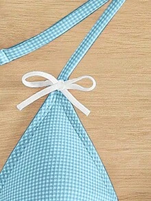 SHEIN Swim Áo bikini tam giác trang trí nơ cho nữ mùa hè - Màu xanh lam - Xem 4