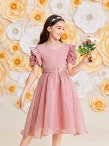 SHEIN Tween Girls' Elegant Mesh Embroidered 3d Flower Sleeves Short Sleeve Midi Dress - Pink - View 3