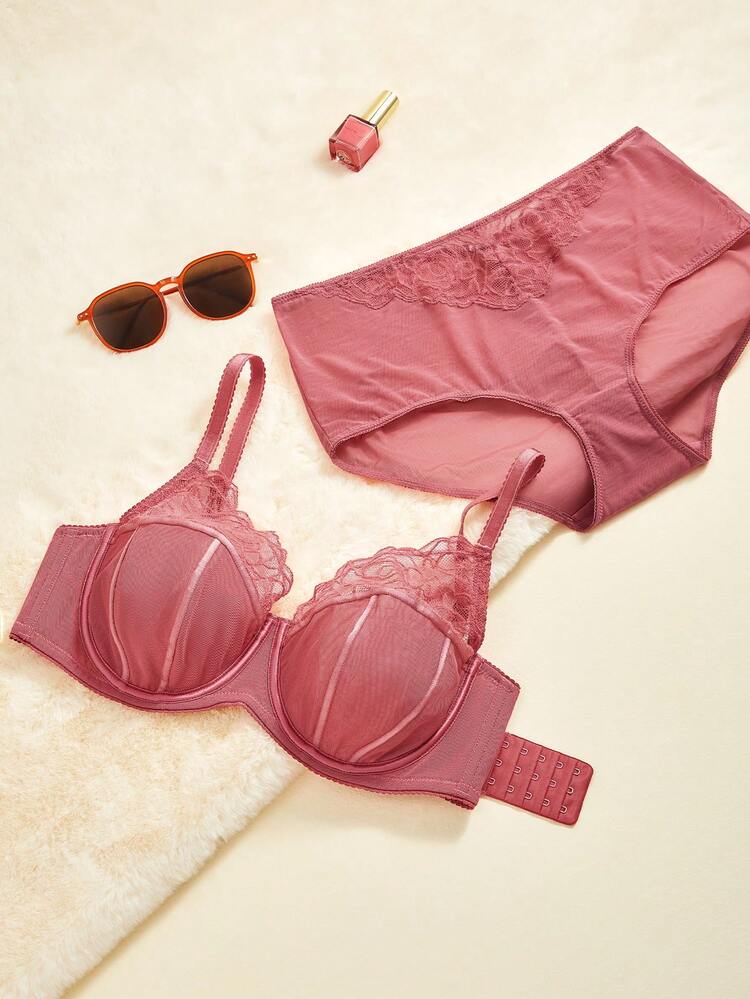 Sujetador minimalista de encaje y malla rosa con cobertura completa, para tallas grandes, sexy, de salón