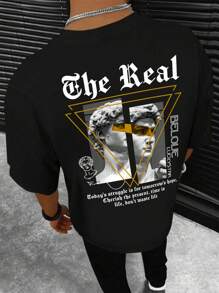 男士休闲口号印花圆领 T 恤，适合通勤 - 黑色 - 查看 1