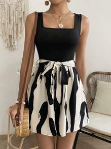 Breezaya Pattern Printed Sleeveless Romper With Waist Belt - Black - View 4