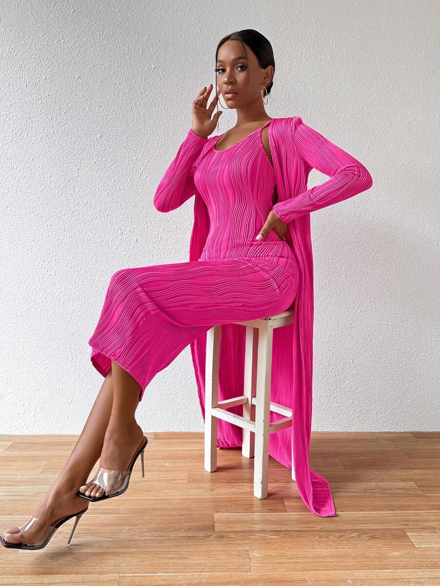 VaVaBold Ladies' Crossback Backless Cami Dress With Long Sleeve Outerwear Two Pieces Set - Hot Pink - View 1