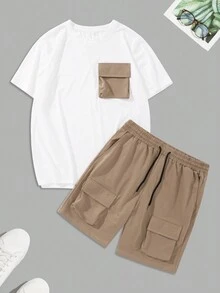 Manfinity Homme Nam Khối màu Flip Túi Áo thun Và Bộ quần short - Nhiều màu - Xem 4