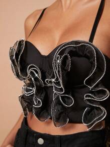 SHEIN Haute Ruffle Rhinestone Trim Bustier Top - Black - View 5