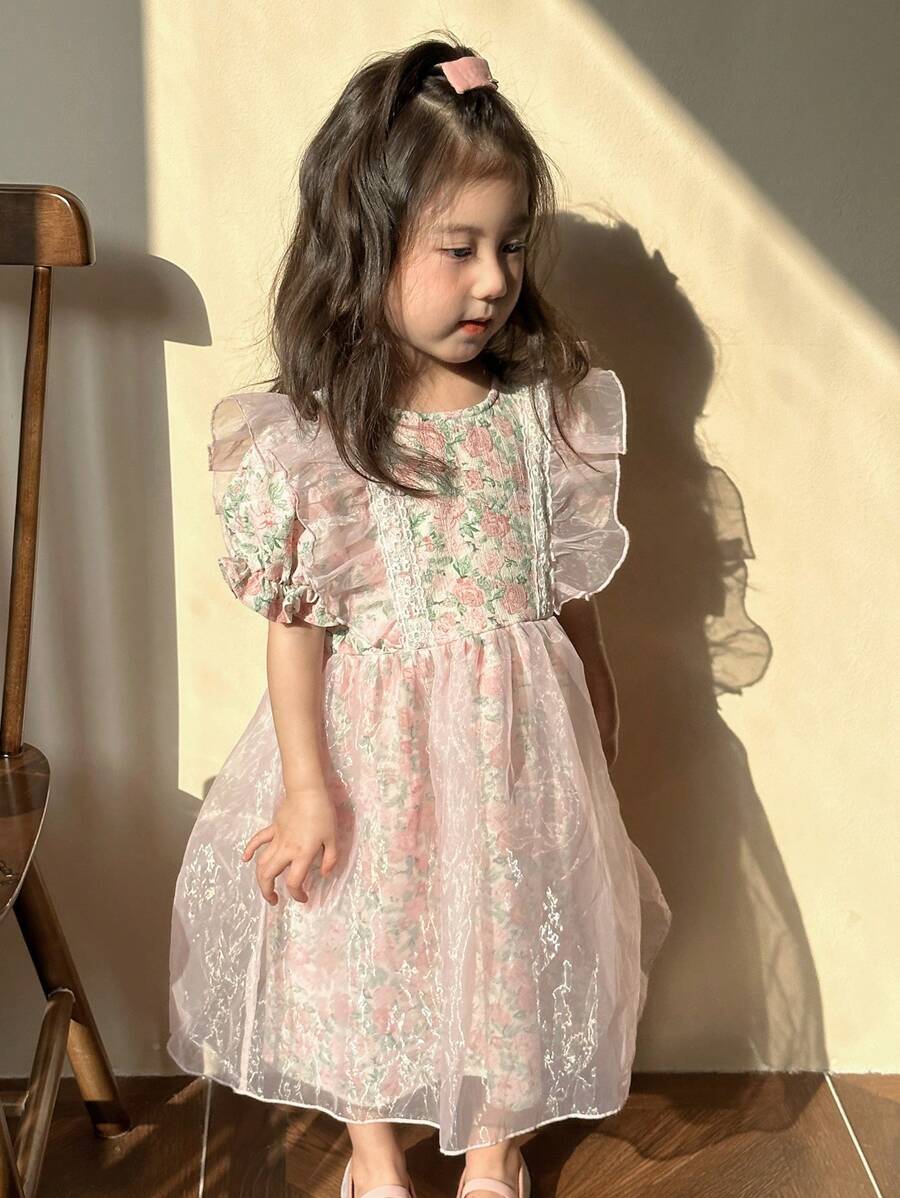 SHEIN 少女圓領連衣裙，有花卉印花和泡泡袖 - 粉色 - 查看 1
