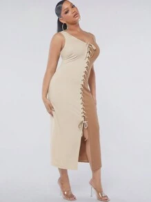 Hauture Plus Farbblock Spitze Aufgeteilt Kleid Mit Schnürung