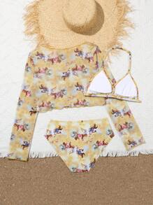 Teen Girl 3pcs/Set Random Printed Bikini Set + Ruffled Cover Up Top Summer Beach - Multicolor - View 2