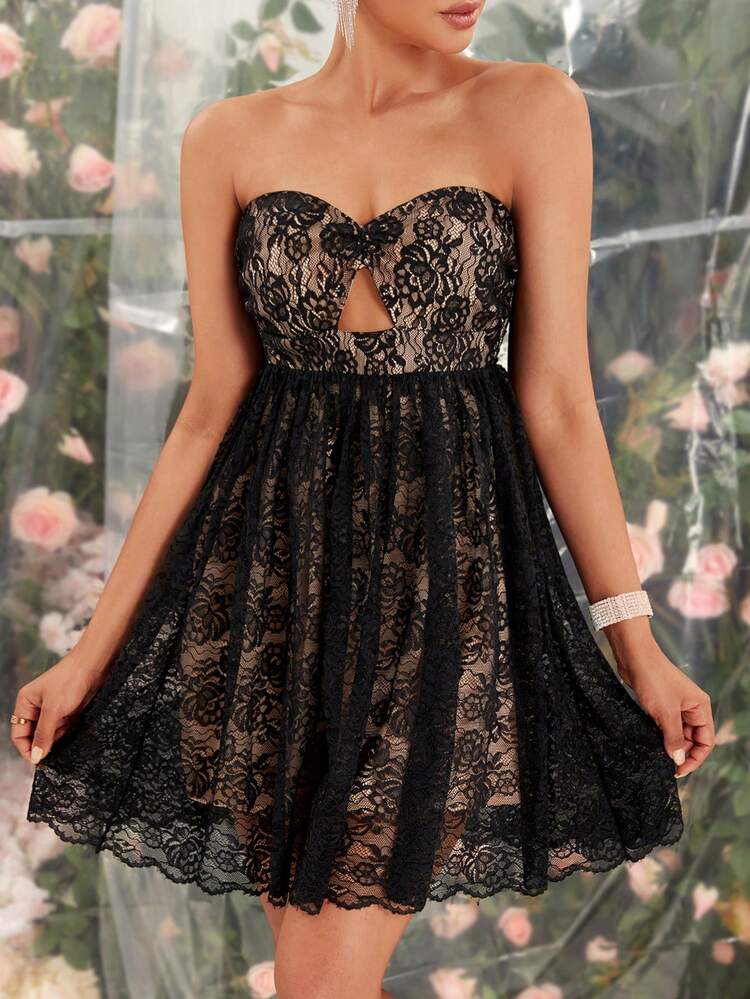 Sleeveless Sweetheart Neckline Hollow Out Glitter Sequins Lace & Mesh Sexy Women's Strapless Dress For Spring/Summer