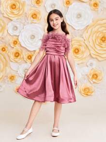 SHEIN Tween Girls' Elegant Satin Feather Decor Sleeveless Dress - Pink - View 5