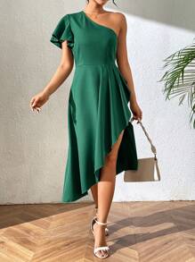 Chiquease Women's Solid Color Asymmetrical Neckline With Pleats And Slits Dress - Dark Green - View 4