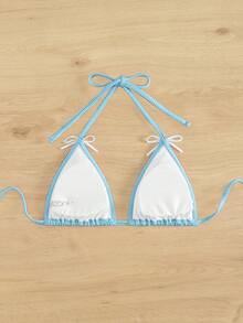 SHEIN Swim Áo bikini tam giác trang trí nơ cho nữ mùa hè - Màu xanh lam - Xem 2