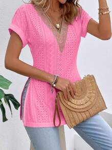 SHEIN LUNE Xu hướng: Cắt giảm Thêu Vá lại Ren Bên Khe Áo thun - Màu Hồng Tươi - Xem 5