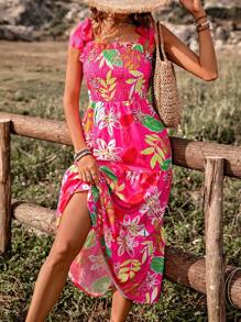 Breezaya Women's Plant Print Shirred Dress With Flounce Hemline - Multicolor - View 5