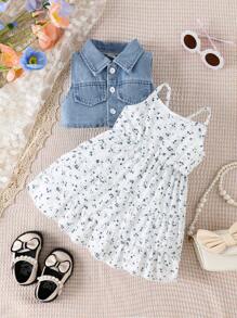 SHEIN Vintaside Kids 嬰兒女孩背心配花卉裙套裝,單排扣閉合 - 薄荷藍 - 查看 1