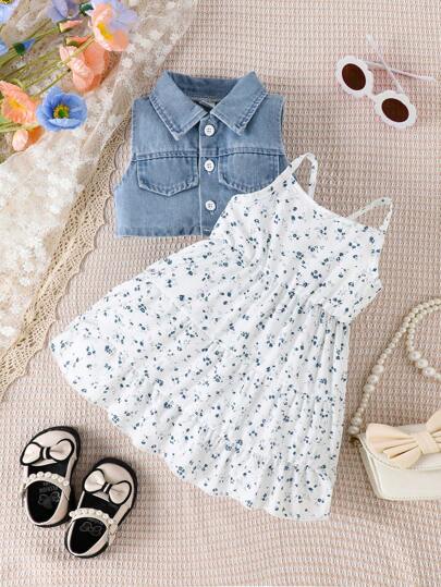 SHEIN Vintaside Kids Baby Girl Vest And Floral Dress Set With Single Breasted Closure