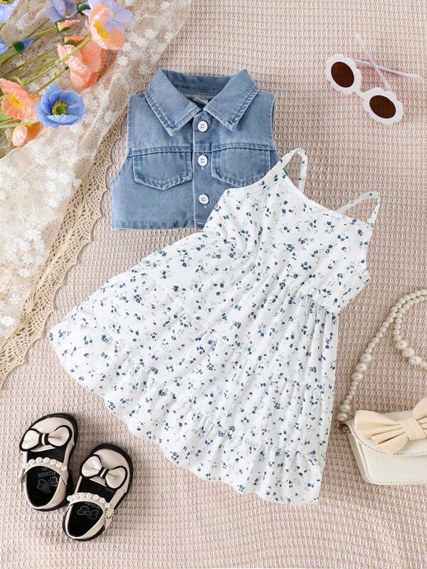 SHEIN Vintaside Kids Baby Girl Vest And Floral Dress Set With Single Breasted Closure