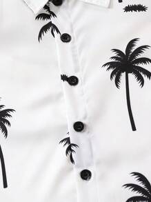 Ensemble 2 Pièces Pour Garçon Composé De Chemise À Imprimé Palmier Décontractée Et De Short En Jean Déchiré Bleu Clair Lavé À Taille Élastique, Pour Les Vacances