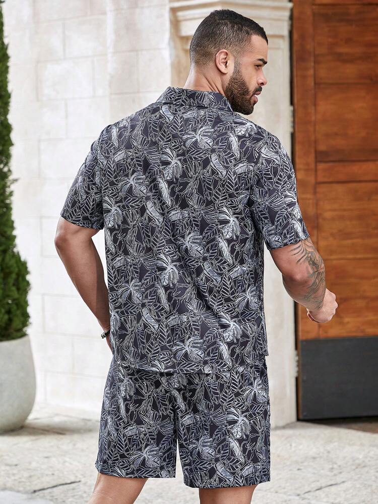 Men's Plus Size Plant Print Short Sleeve Shirt And Shorts Set